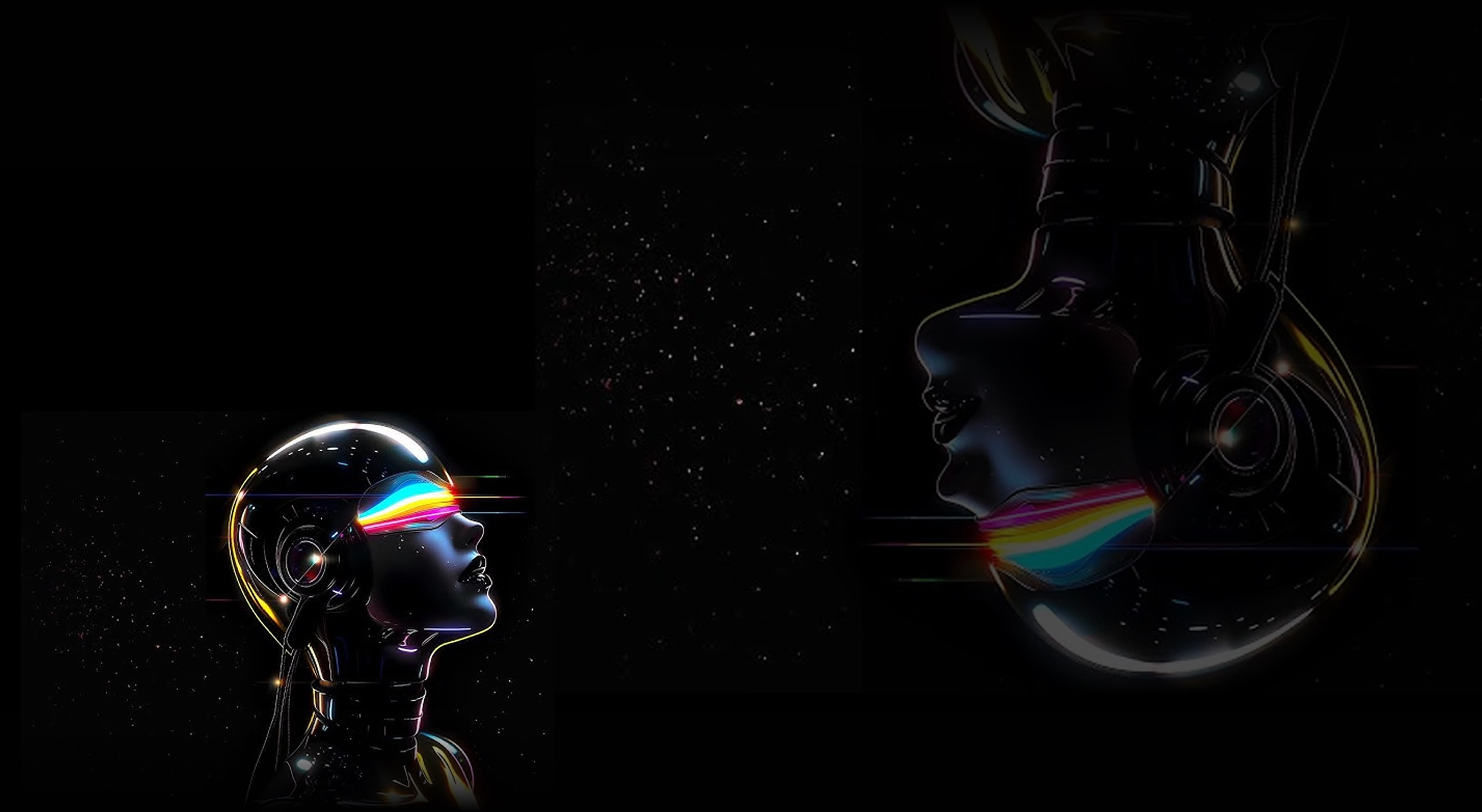 Chromed futuristic figures with rainbow visors